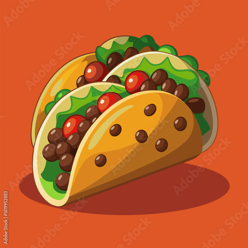 Taco illustration with colorful fillings in a vibrant orange background. Deliciously displayed with filling ingredients in a simple and appetizing pose for restaurant or food service advertisements.