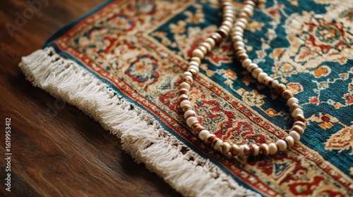 Close-up of Antique Persian Rug with Golden Chain Detail: Rich Texture and Intricate Design