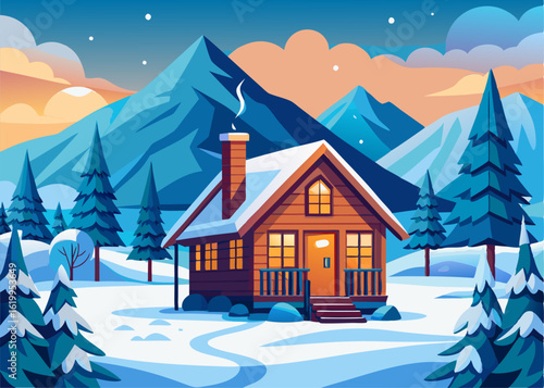 Snowy mountain cabin in winter wonderland with a peaceful atmosphere.