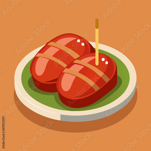 Red meat skewers on a green plate with a light beige rim. Two skewers with a toothpick are arranged on a green plate. which is positioned on a light orange surface.