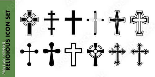 Variety of cross designs in black and white style for religious and artistic illustrations decor
