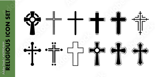 Variety of cross designs in black and white style for religious and artistic illustrations decor