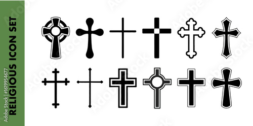 Variety of cross designs in black and white style for religious and artistic illustrations decor