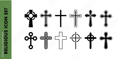 Variety of cross designs in black and white style for religious and artistic illustrations decor