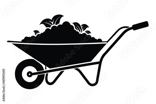 Black Silhouette of Wheelbarrow Full of Soil and Leaves Ready for Gardening Work
