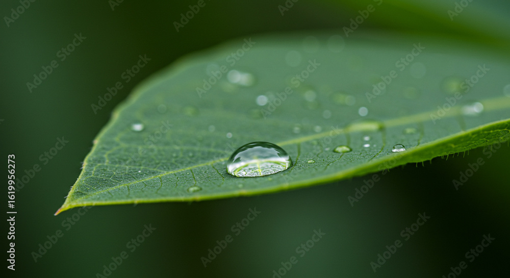Fototapeta premium Nature background macro photography of water drop on green leaf nature background close up fresh dew drop 90
