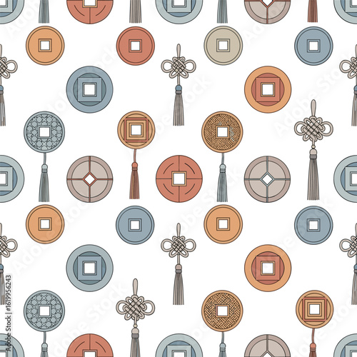 Elegant traditional asian coin and knot pattern design for decorative applications