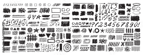 Grunge scribble freehand shapes and stripes numbers, emphasis hand drawn doodle squiggles marker arrows. Chalk painted scrawl frames doodle rouge scratches. 