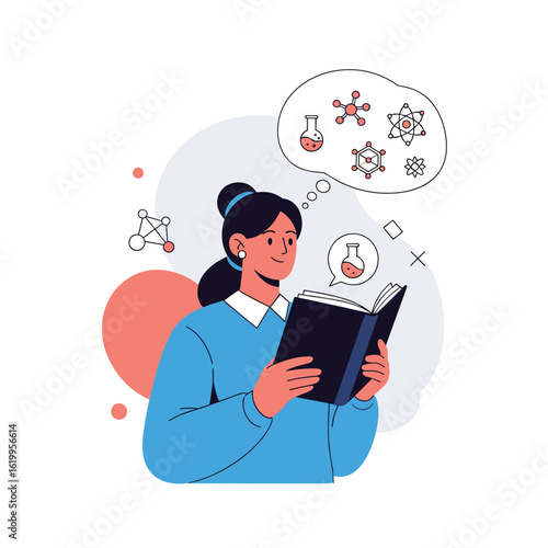 Young woman absorbed in reading a book about chemistry and molecular structures thinking about scientific discoveries and experiments in a laboratory setting