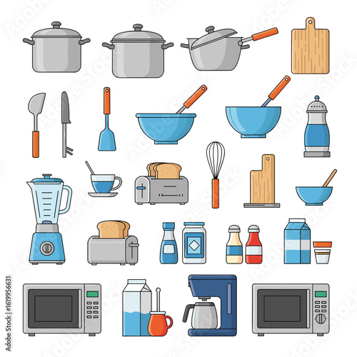 Collection of kitchen utensils and appliances for food preparation and cooking needs