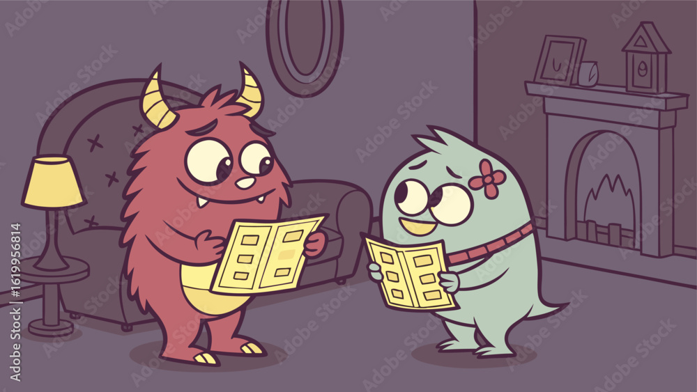 Obraz premium A friendly red monster and a cute blue bird are reading together in a cozy living room sharing a moment of quiet enjoyment