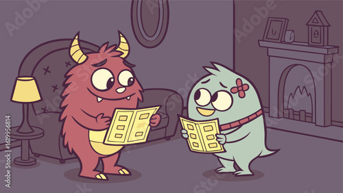A friendly red monster and a cute blue bird are reading together in a cozy living room sharing a moment of quiet enjoyment