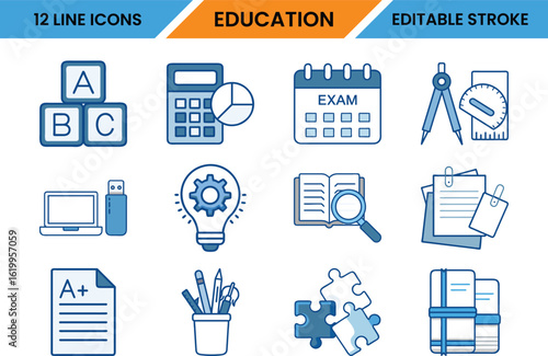 Education icon set illustrating various academic concepts and school related tools