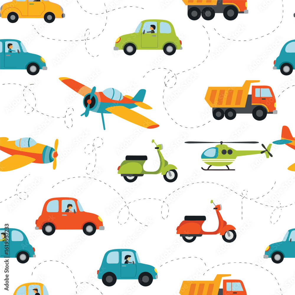 Naklejka premium Colorful transportation vehicles and aircraft flying and driving around with small bubbles showing motion