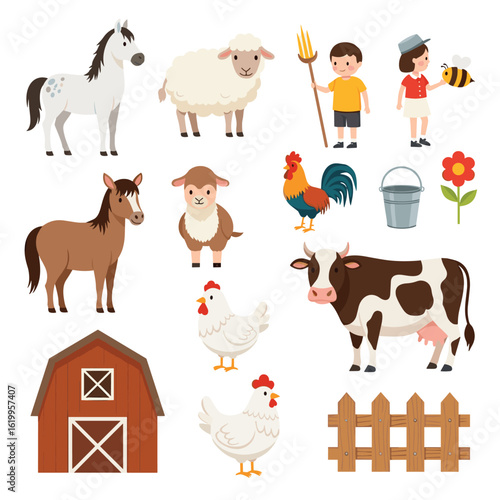 Charming countryside farm animals and scenery collection with cute barn and fencing elements