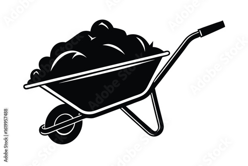 Black Silhouette of Wheelbarrow Filled with Soil or Dirt for Gardening Tasks