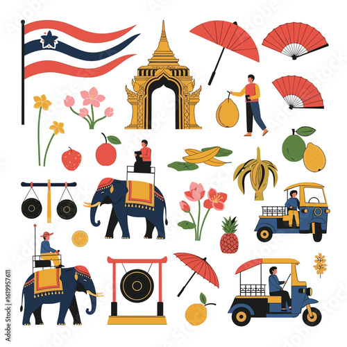 Vibrant collection of thai cultural icons including elephants temples tuk tuks and tropical fruits