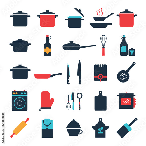 Collection of various kitchen utensils and cookware items featuring pots pans and cooking tools