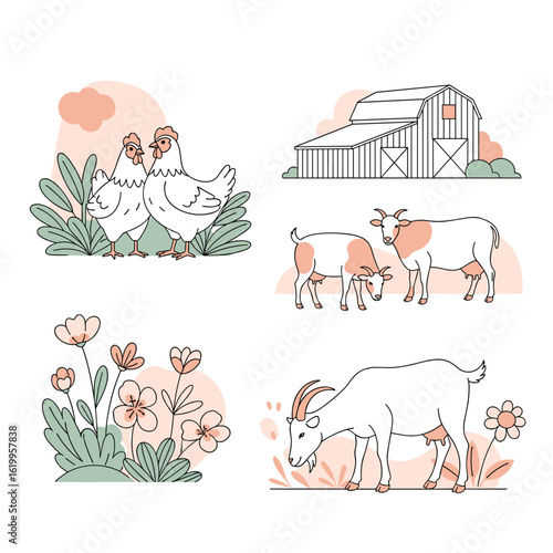 Charming countryside farm life featuring chickens cattle goats and flowers in a rustic rural setting