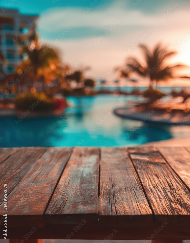 A wooden table top with a luxury beach resort swimming pool in the background A wooden table top with a luxury beach resort swimming pool in the background