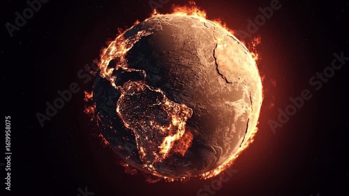 Planet Earth engulfed in flames against a dark space background, loop video