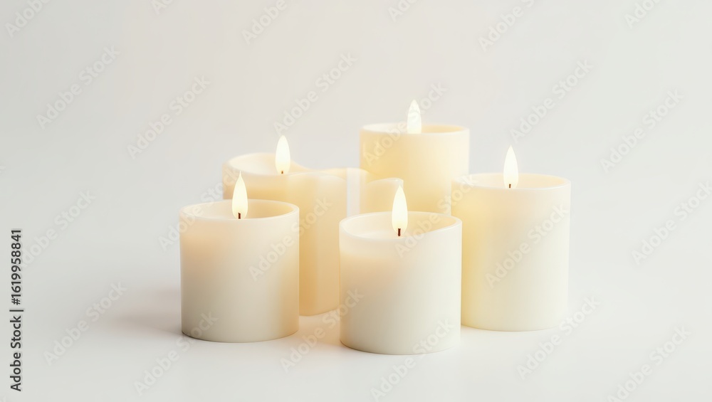 Group of warm, illuminated candles on a plain background. Group of warm, illuminated candles on a plain background.