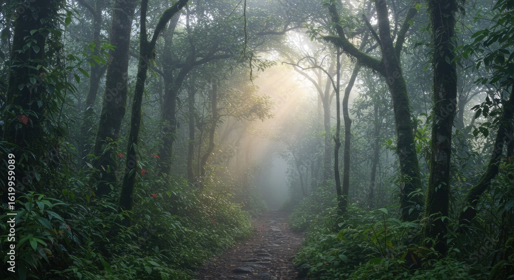 Obraz premium A narrow, leaf-covered path winds through a dense, vibrant green forest, sunlight streaming through the trees creating a mystical, hazy atmosphere
