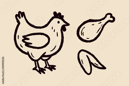 Chicken and Meat Cuts Sketch Vector Illustration