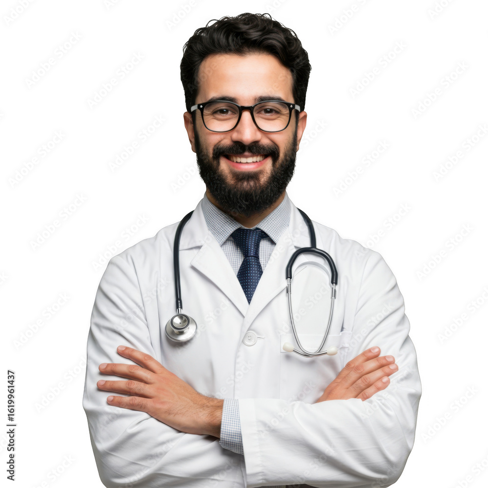 Smiling male doctor wearing glasses and lab coat with stethoscope arms crossed isolated on transparent background Smiling male doctor wearing glasses and lab coat with stethoscope arms crossed isolated on transparent background