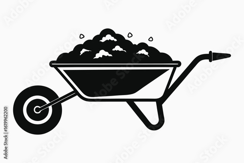 Black and White Vector Illustration of Wheelbarrow Full of Soil for Gardening Work