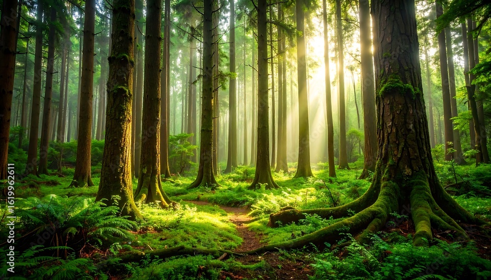 Obraz premium Sunbeams pierce a lush forest