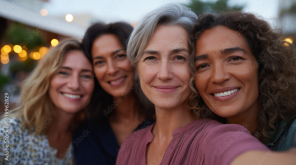 Obraz premium Close up group selfie of four middle-aged women at sunset