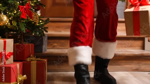 Santa Claus in Red Suit with Gift Box Walking Down Wooden Stairs near Decorated Christmas Tree in Cozy Room