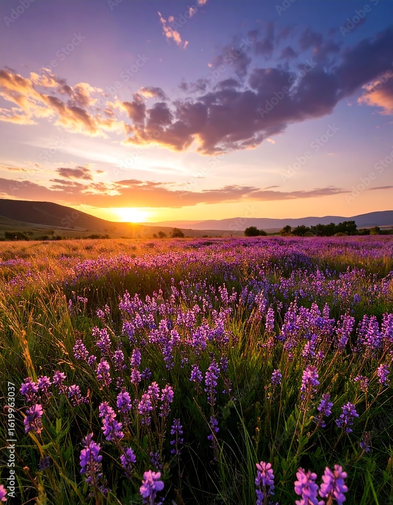 Fototapeta premium Lush purple flower field at sunrise