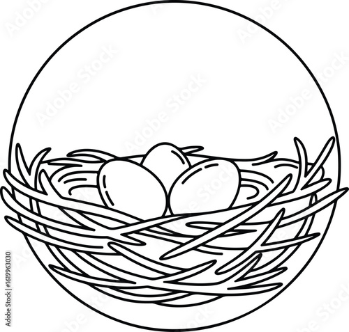 Silhouette Bird nest with three eggs inside circle vector Illustrator