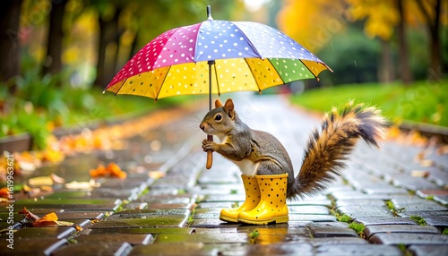 Squirrel in rain boots under umbrella
