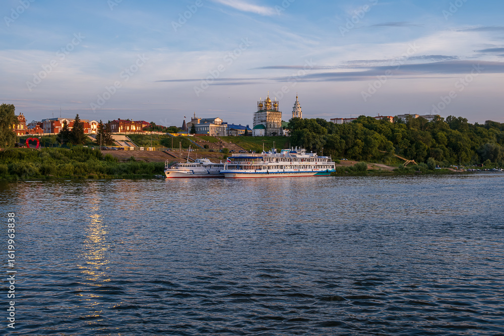 Fototapeta premium Pavlovo, Nizhny Novgorod region, Russia - 07.18.2025. View of Boats on the Oka River at Pavlovo