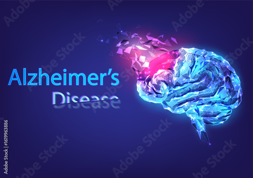 Polygon brain with red neon light on frontal lobe, fragmental memory loss, concept Alzheimer's disease and mental health crisis. Futuristic medical vector illustration.