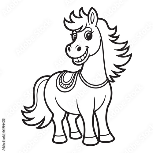 Cartoon horse with saddle smiling in black and white outline Colouring Page