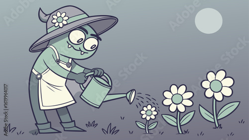 Whimsical monster gardener tends to blooming flowers under a pale moon illustrating nurturing and growth in a charming stylized scene
