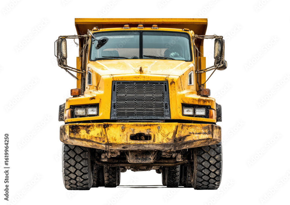 Front view of a large yellow dump truck. Muddy, robust vehicle Front view of a large yellow dump truck. Muddy, robust vehicle