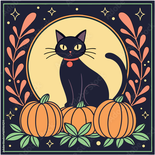 A vintage black cat rests calmly upon pumpkins before a full moon shines