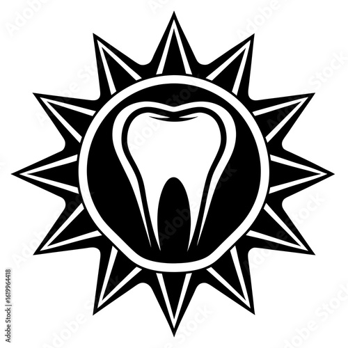 Stylized Tooth with Sunburst Emblem.