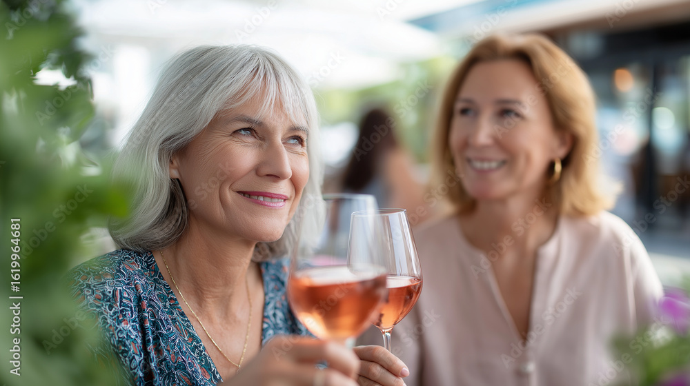Stylish Mature Women Enjoying Rosé on a Patio Bistro Stylish Mature Women Enjoying Rosé on a Patio Bistro