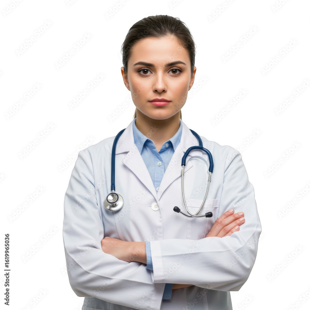 Fototapeta premium Professional female physician wearing white lab coat and stethoscope with arms crossed isolated on transparent background