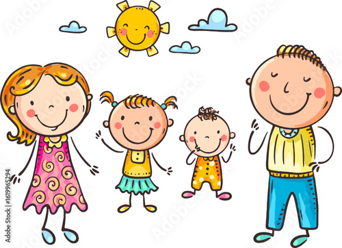 Happy doodle family clipart. Parents and little children, cute isolated characters