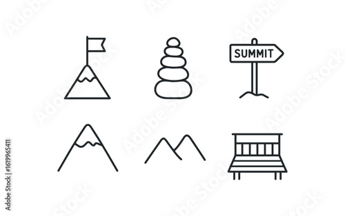 straight perfect stroke icon mono icons style isolated summit flag pole summit cairn pile summit trailhead summit frost cap summit rid summit viewpoint deck