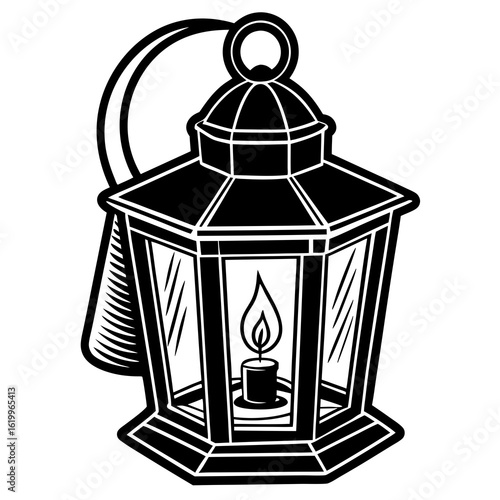 Vintage Lantern with Burning Candle Illustration.