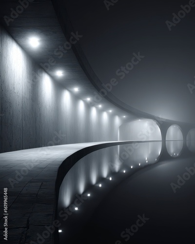 Curved concrete bridge, fog-filled, lit by spotlights