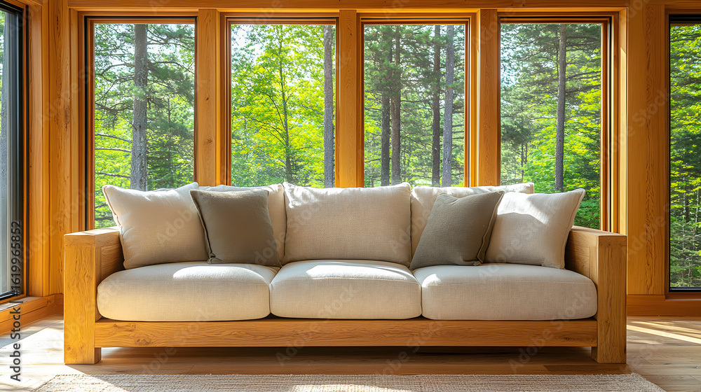 Fototapeta premium Beige sofa with wooden frame in a sunlit room with large windows.